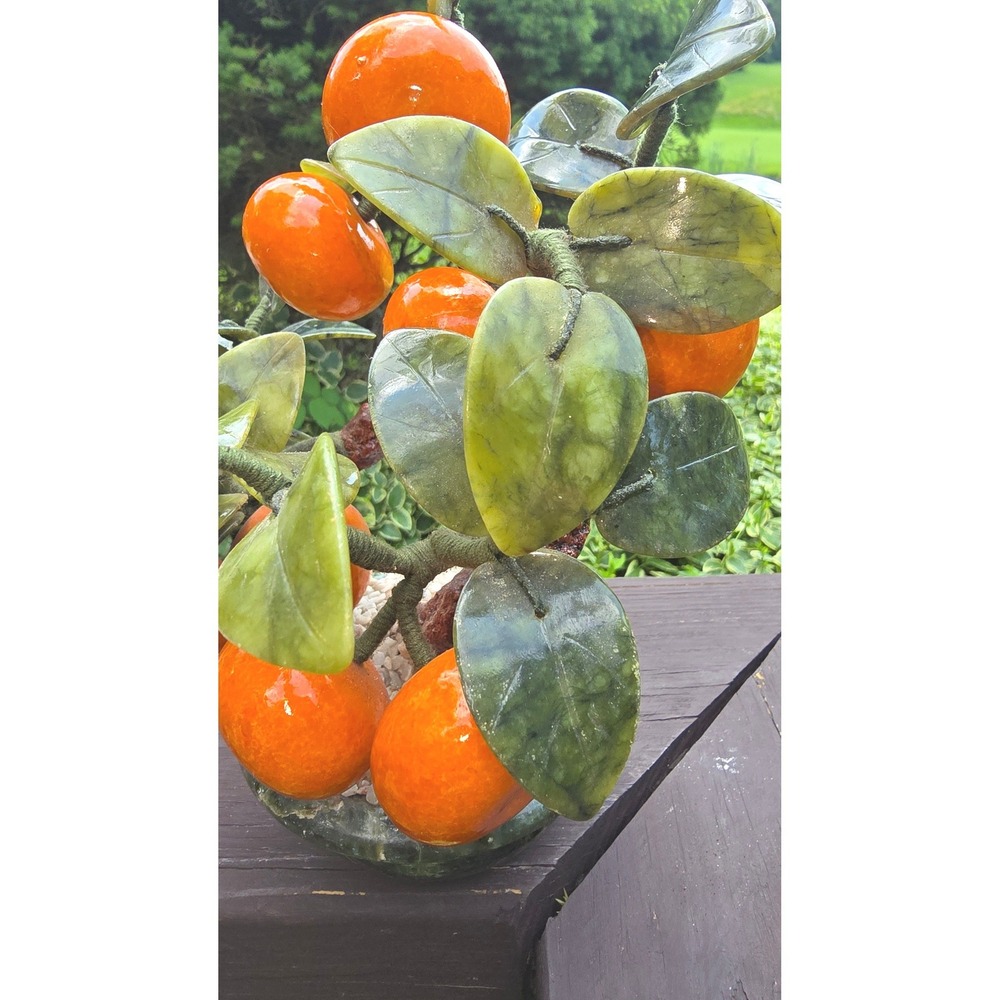 Vintage Chinese Glass Jade Agate Orange Persimmon Bonsai Tree Carved Pot - Picture 4 of 9